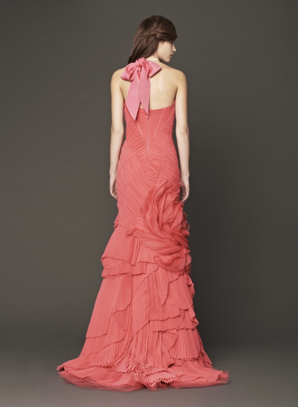 Vera Wang - Fall 2014 Bridal Collection - Wedding Dress Look 12
<br><br>
Coral strapless chiffon mermaid gown with alternating pleat bodice, organic flower detail and pleated tier skirt.

<br><br>